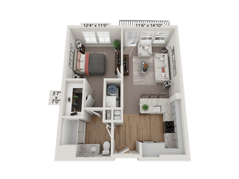 Floor plan for 1 bed, 1 bath, 615 sqft